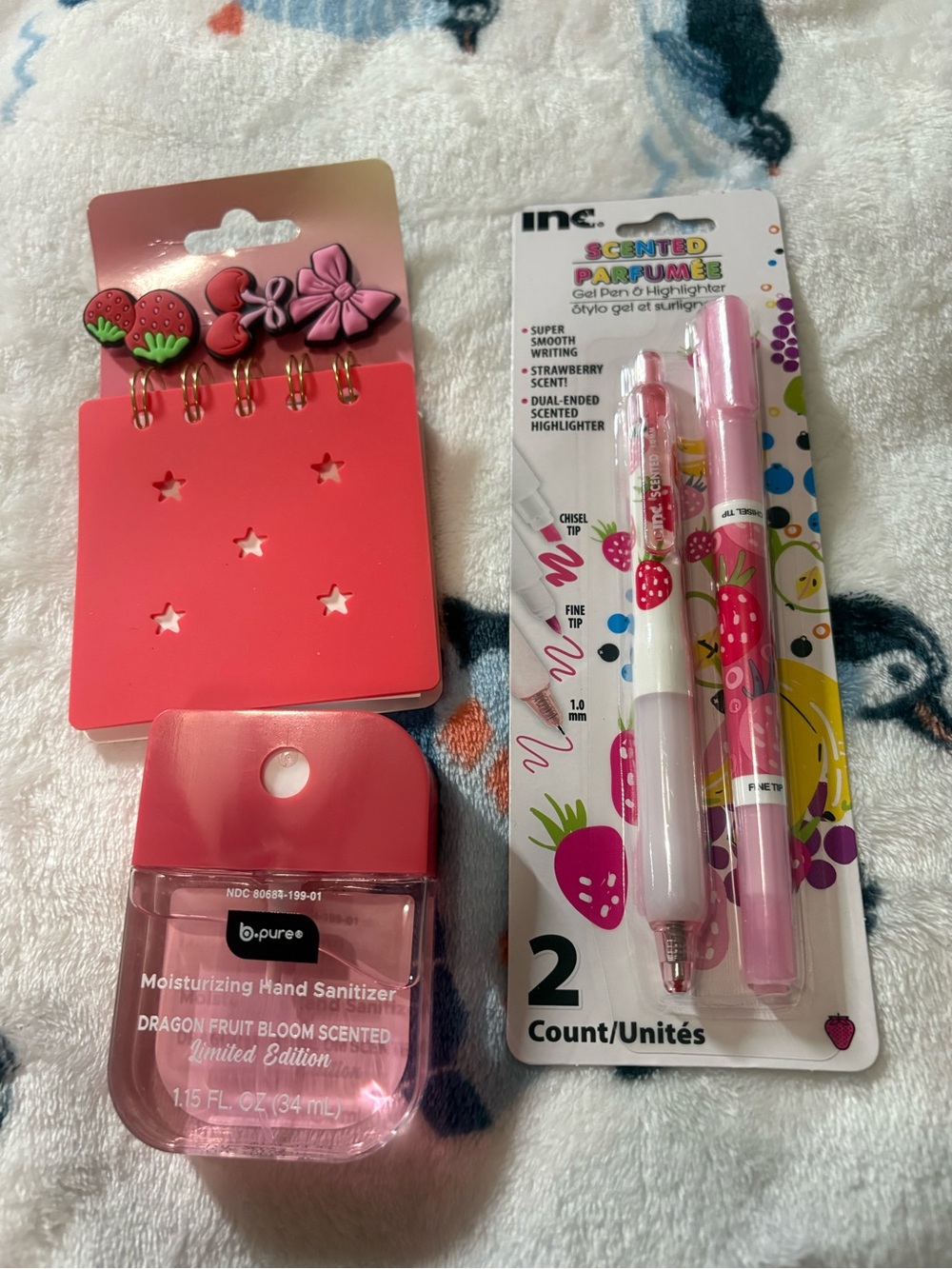Pink Strawberry-Themed Stationery & Hand Sanitizer Set